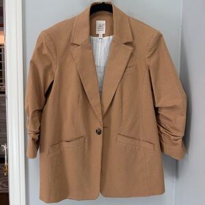 Cinq A Sept Brooke Twill Blazer Ruched 3/4 Sleeve Jacket Cotton in Khaki Tan